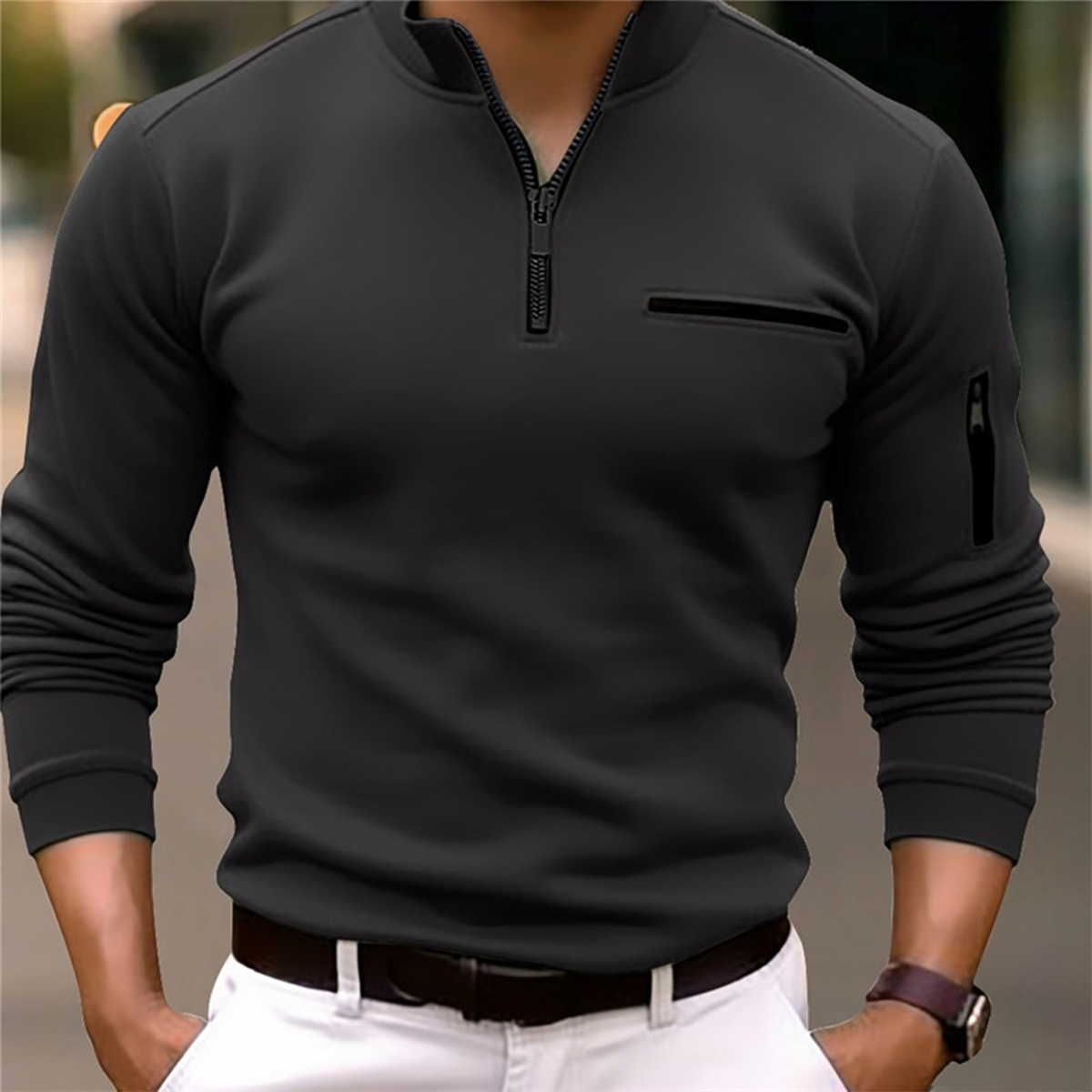 Camisa POLO con capucha para hombre, Color sólido, manga larga, brazo, pecho, diseño de cremallera, ligero, maduro, informal, deportivo, moda holgada, otoño