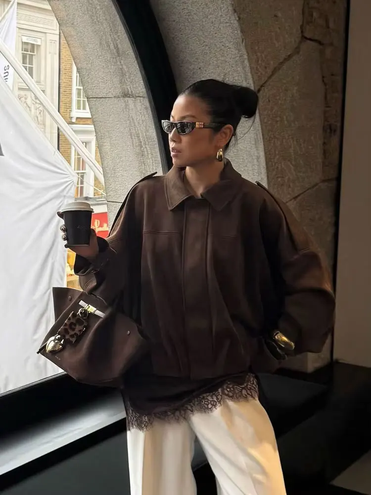 HH nuevas chaquetas informales holgadas con textura de gamuza de otoño para mujer, abrigo liso de manga larga con solapa y cremallera, abrigos de moda urbana para mujer