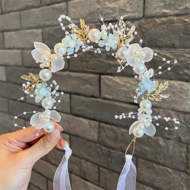 Princess Flower Crystal Headpiece Rhinestone Pearl Headband Alloy Floral Bridal Hair Accessories Wedding For Girls And Women