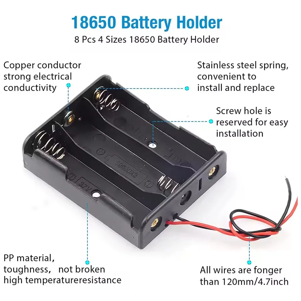 3pcs 18650 Battery Holder Box 1 Slot 3.7V Battery Storage Case 1/2/3/4 Cell Plastic Container with Connect Black Red Wires