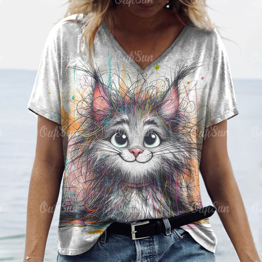 Zomer dames T-shirt kat print casual korte mouw 3d T-shirts mode streetwear ronde hals trui vrouwelijke oversized kleding