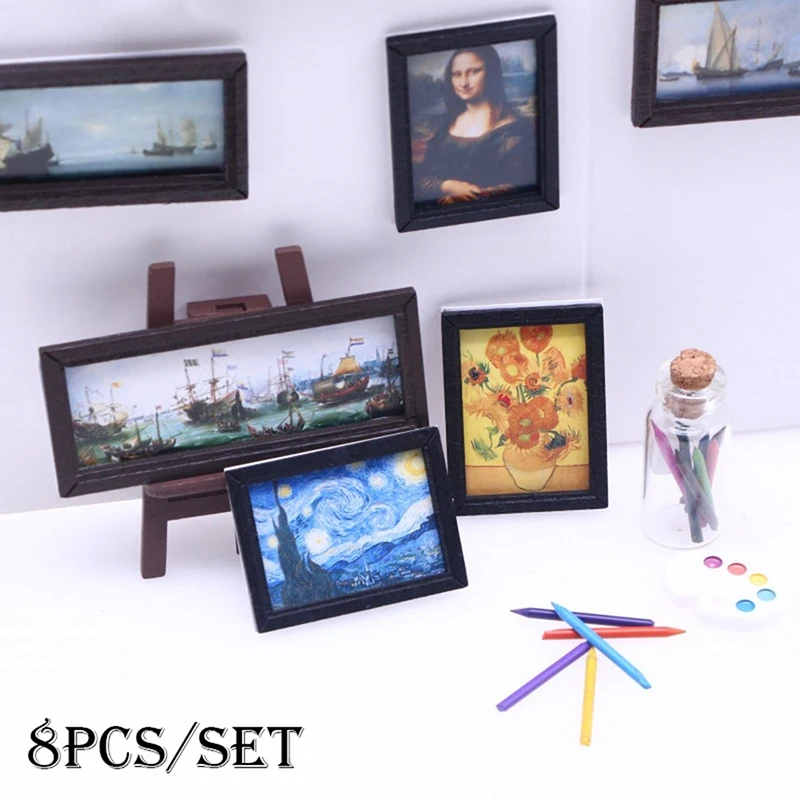 8 ピース/セット 1:12 ドールハウスミニチュアヴィンテージ油絵壁画写真壁絵シーンの装飾ドールハウスアクセサリー