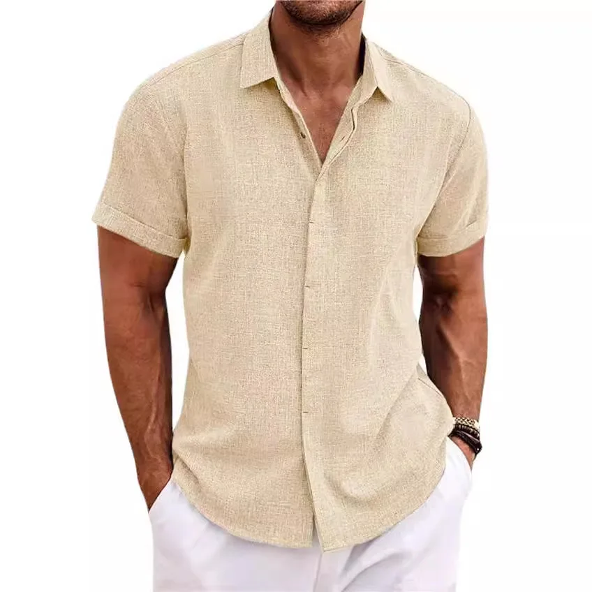 Camisa blanca de manga corta de algodón y lino para hombre, Top básico cómodo de Color sólido, blusas informales con botones negros para hombre