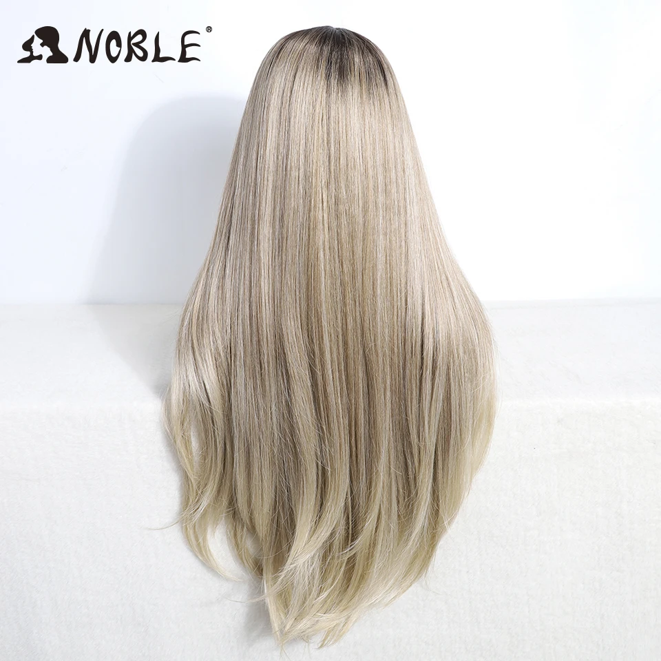 Peluca con malla frontal sintética Noble, peluca de encaje con división recta de 30 ", pelucas rubias ombré para mujer, peluca con flequillo, peluca de encaje resistente al calor