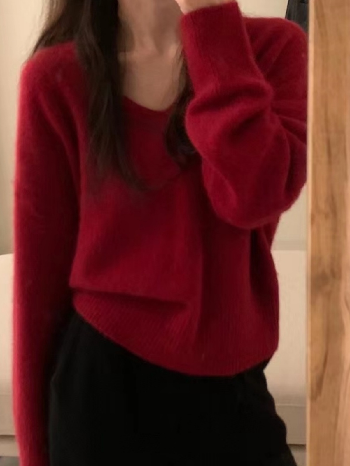 Suéter de Tricô Retro Vermelho com Decote em V e Pelo de Urso para Mulheres, Estilo Solto e Confortável para Primavera e Outo...