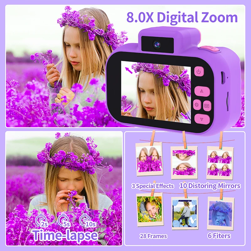 Câmera Digital Dupla para Crianças, HD 1080P, 8X Zoom Digital, Flash Light, Built-In Game Video Toys, Mini Display Colorido, Presente de Aniversário