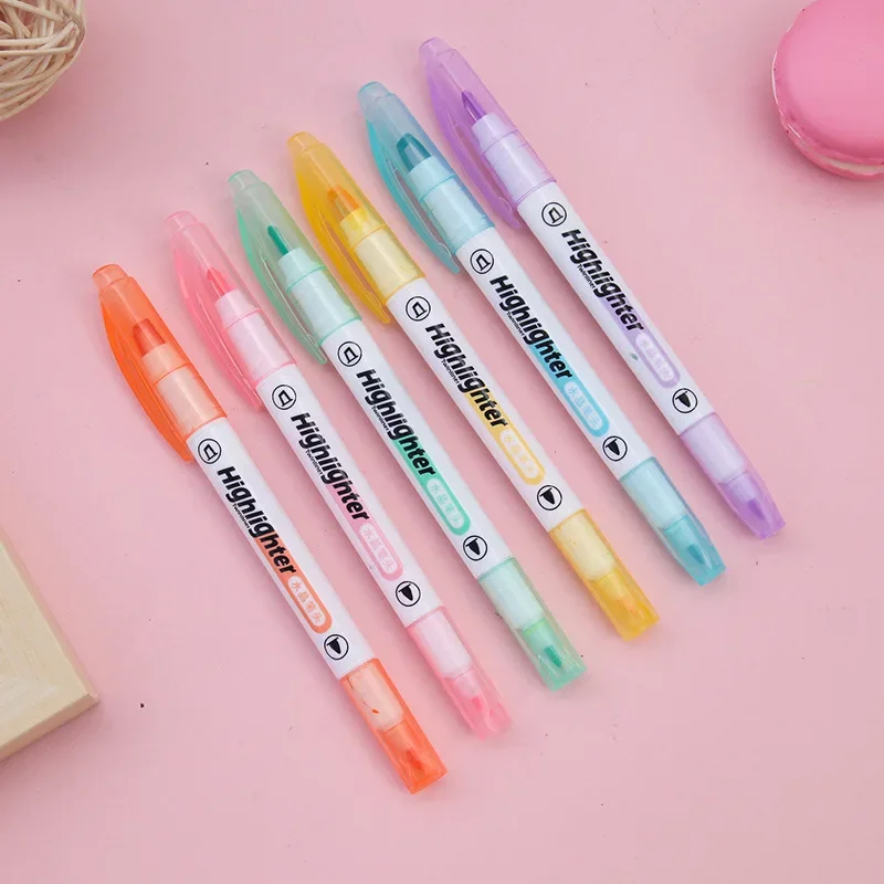 6 Colors/Set Double Head Pastel Highlighter Pens Unique Window Tip Midline Markers for School Stationery Supplies
