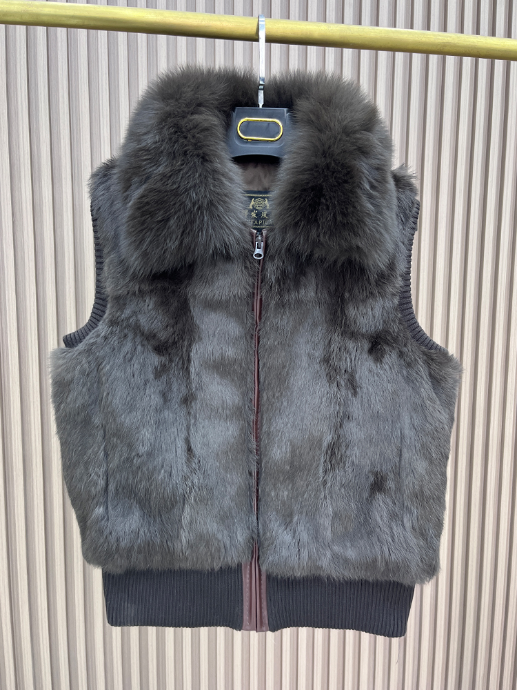 Dames echt konijnenbont vest jas breien winter vossenbontkraag bontjas casual kort uitloper slank met ritssluiting