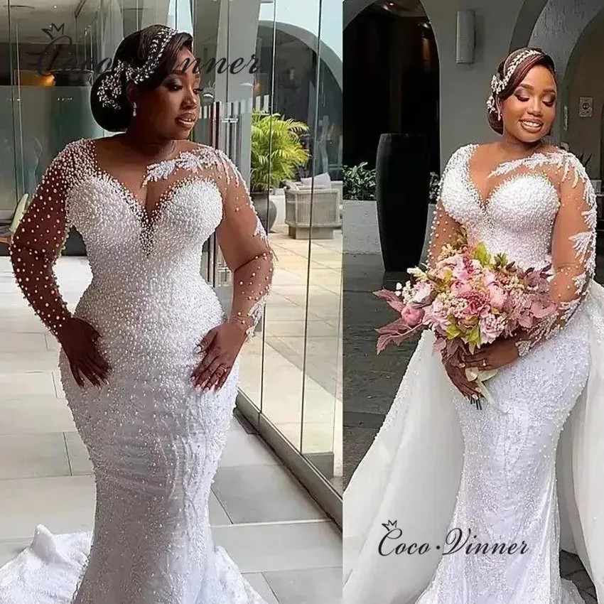 Perle personalizzate che bordano l'abito da sposa 2 IN 1 treno staccabile con lacci Abiti da sposa a sirena di lusso taglie forti W1040