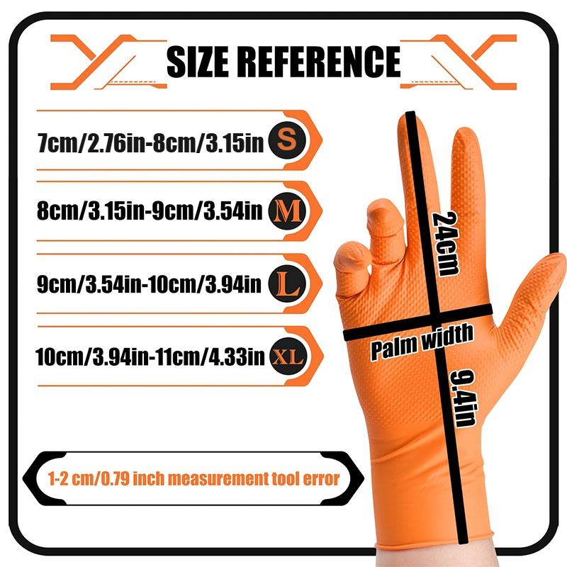 8 Mil Heavy Duty Industrial Orange Disposable Nitrile Gloves Diamond Textured Tear-Resistant for Mechanic Safety & Work Glove