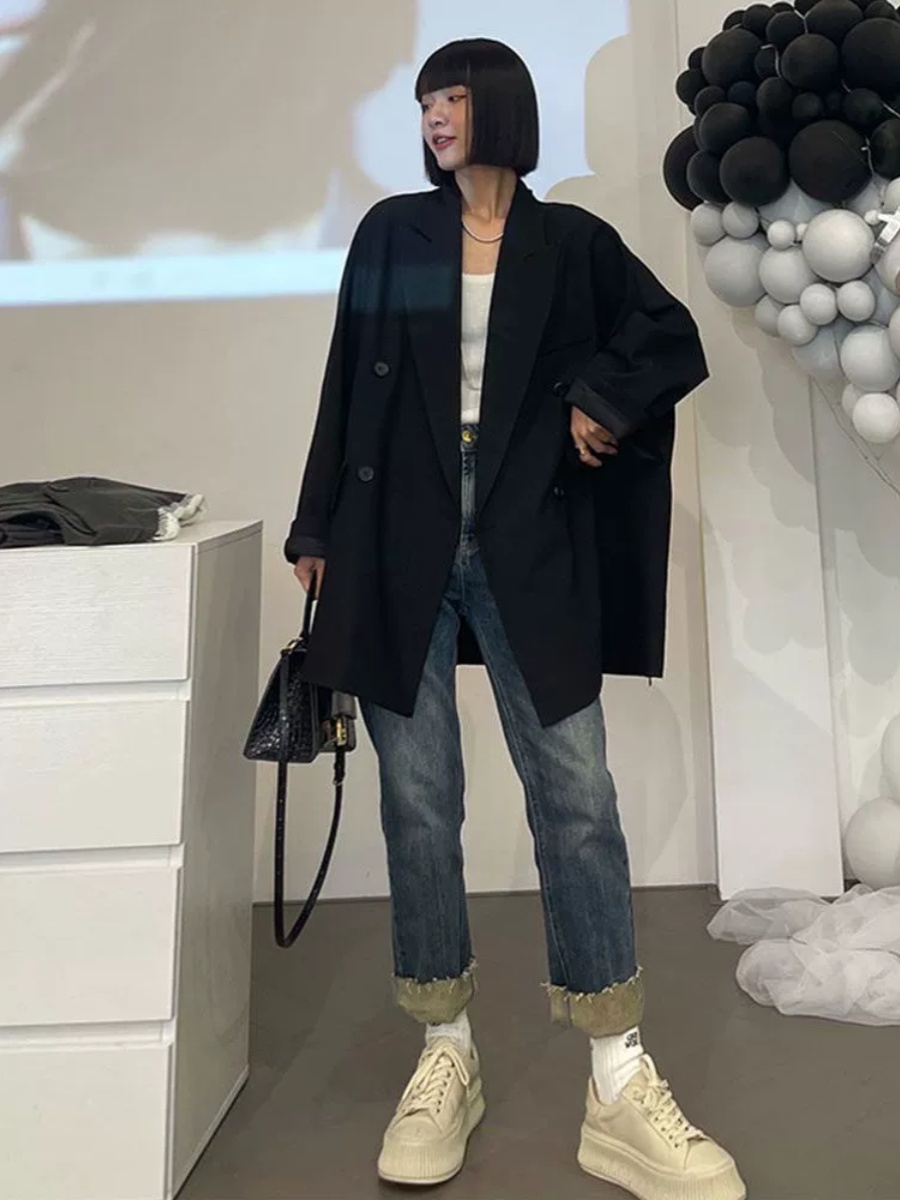 Plus Size plus Size Black Suit Jacket for Women Casual Mid-Length Korean Sle Long Sleeve Polyester Fiber Autumn Fashion Outer...