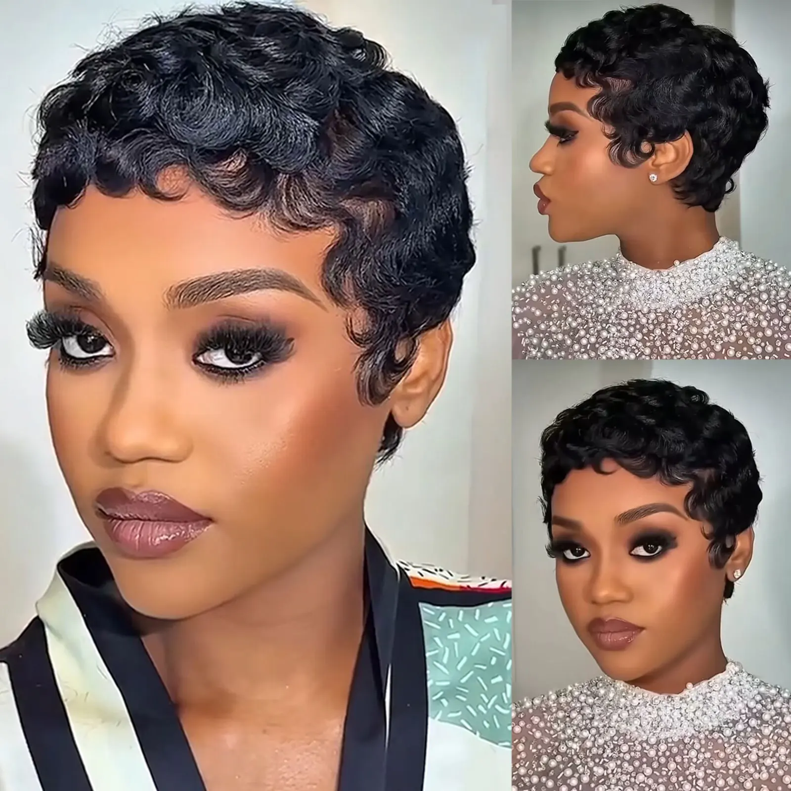 # 1b encaracolado pixie corte perucas curtas para mulheres natural preto encaracolado peruca peruano remy cabelo humano bob máquina completa feita peruca 150% densidade