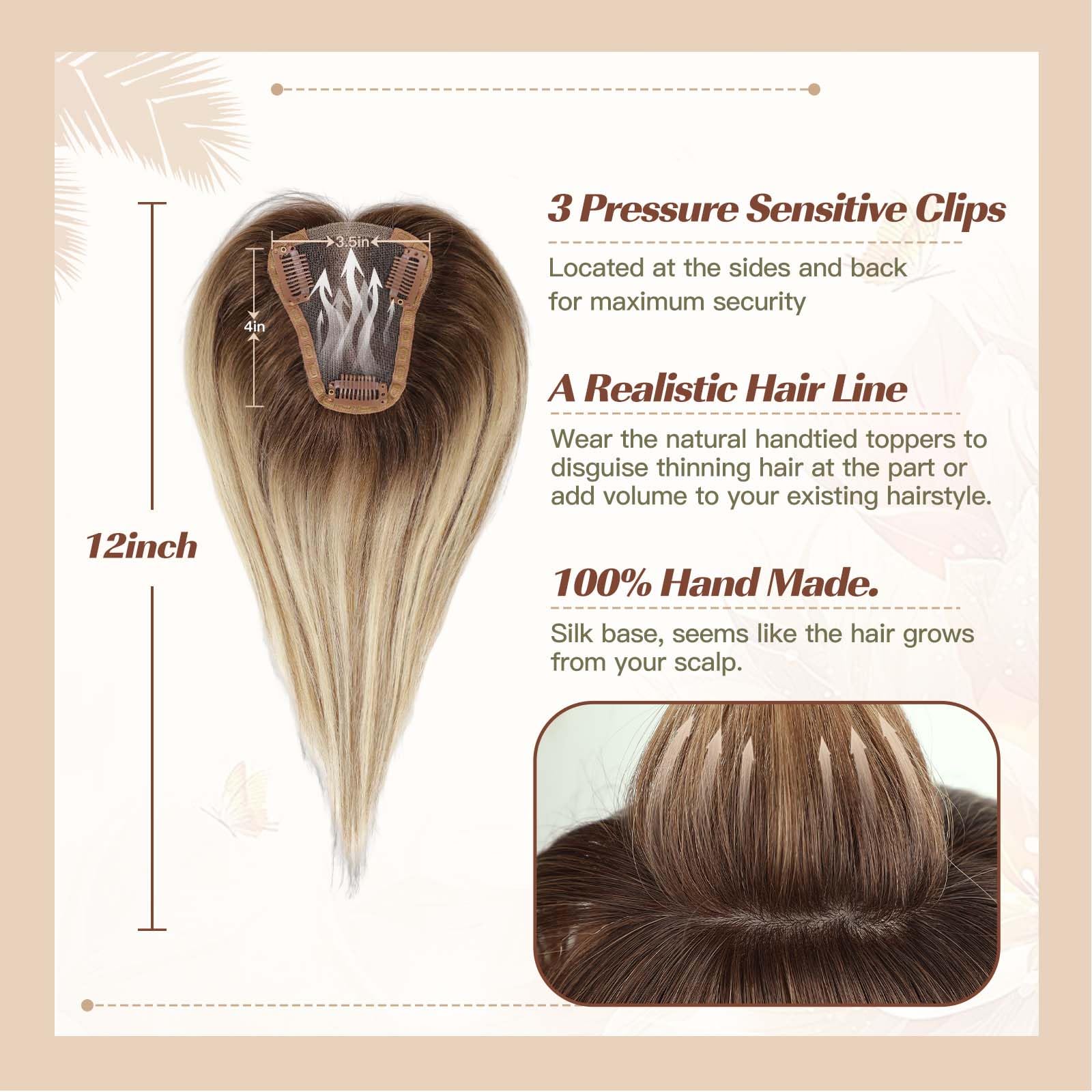 Cheveux Toppers Blonde Brun Ombre 100% Remy Cheveux Humains Topper Postiches pour Femmes 150% Densité Base En Soie 3Clip dans Toppers 12 pouces