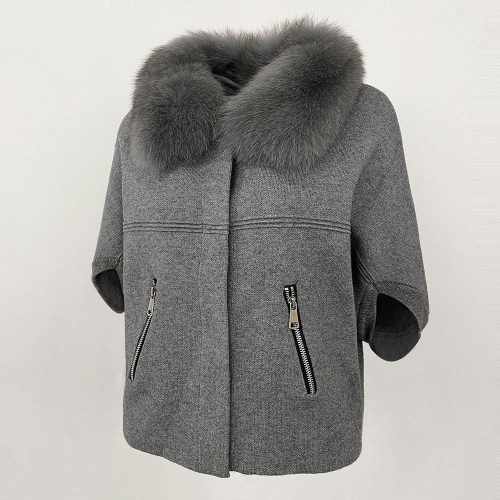 MENINA 2024 秋冬ブラジル人気のニットセーター天然キツネの毛皮の襟の女性のショートファージャケット送料無料