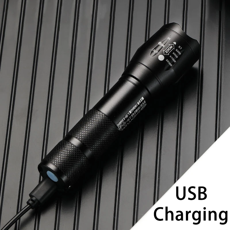 Potente linterna LED, linterna portátil de aleación de aluminio, recargable por USB, luz de Flash táctica para acampar al aire libre