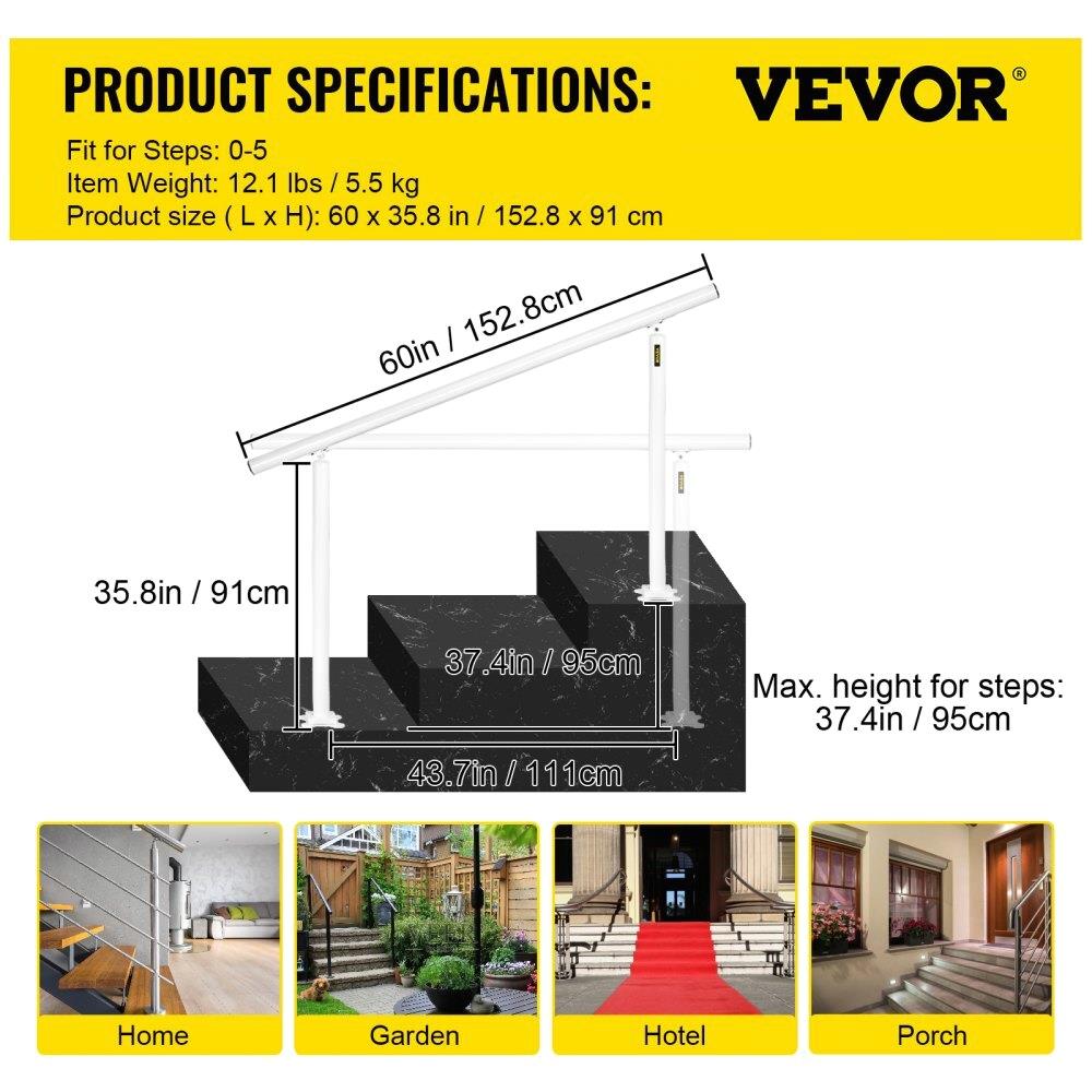Stairway-Geländer-Set, 1,5 m Handläufe 0–5 Stufen, verstellbarer Winkel, weiße Aluminium-Stappenhandschiene für ältere Menschen,