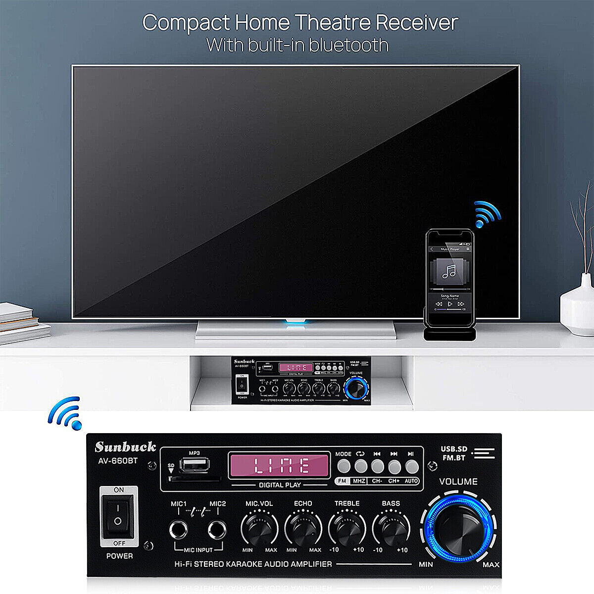 ホームシアターアンプ,SUNBUCK-AV-660BTチャンネル,会議用パワーアンプ,eq,fm,USB, SDカード,2マイク入力,2.1をサポート