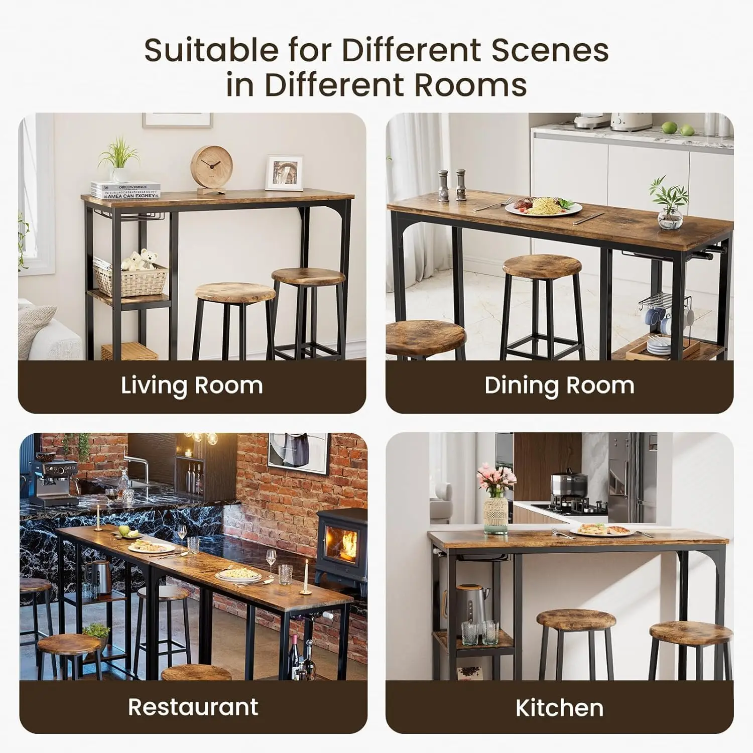 Juego de Mesa de Bar con taburetes para 2 Personas, Juego de Mesa de Pub con 2 estantes y Soporte para Cristal, Juego de Mesa de