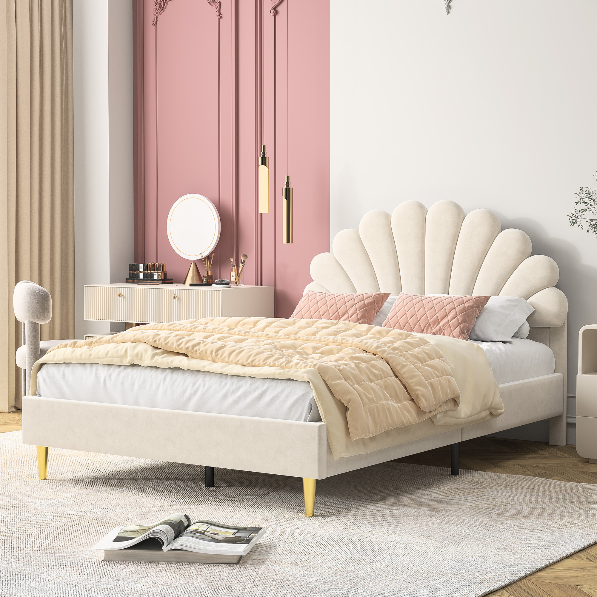 Lit d'enfant en forme de fleur beige, lit avec sauna, cadre à lattes et dossier, tissu velours, 140x200 cm, pour adolescentes