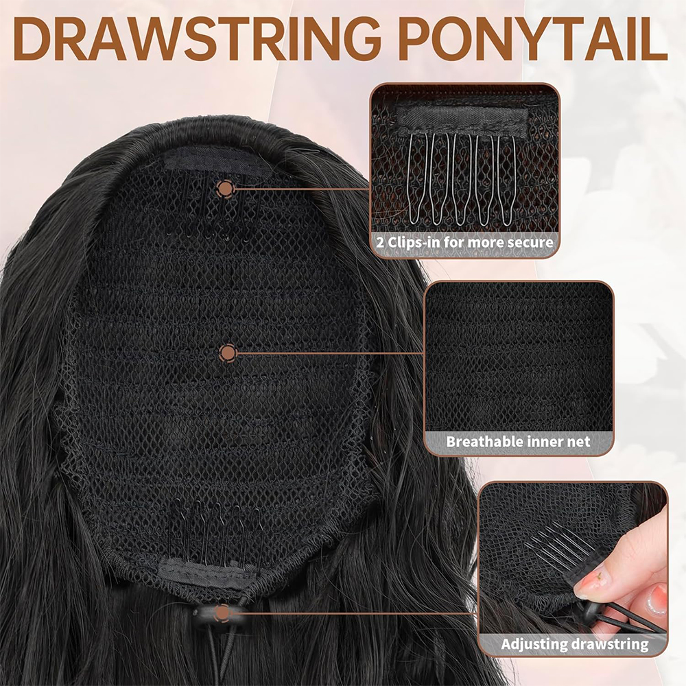 ผมหางม้าขยาย 30 นิ้วยาวพิเศษ Drawstring Wavy Curly Ponytails สีดําสีน้ําตาลเส้นใยสังเคราะห์ผมปลอมชิ้นสําหรับผู้หญิง