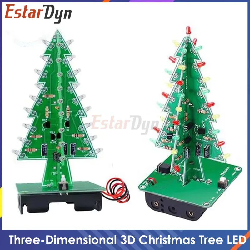 Kit de bricolaje LED de árbol de Navidad 3D tridimensional, Kit de circuito de Flash LED rojo/verde/amarillo, Suite electrónica divertida