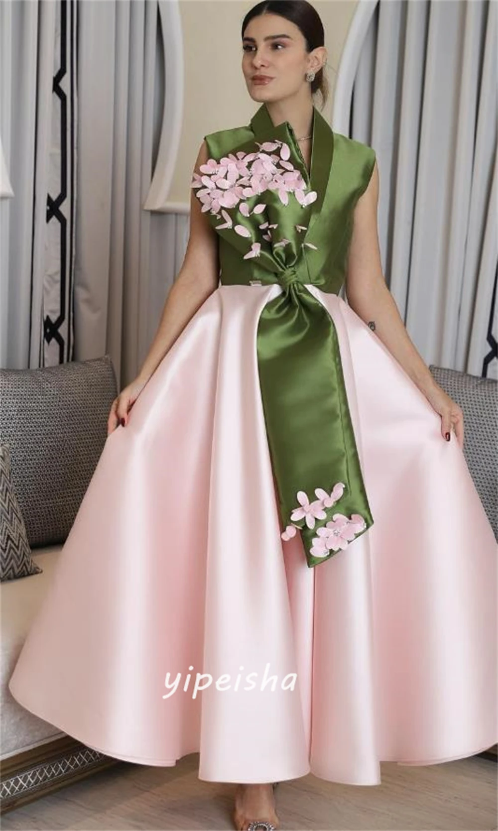 Personalizado jiayigong requintado estilo moderno com decote em v vestido de baile flores apliques vestidos de ocasião sob medida