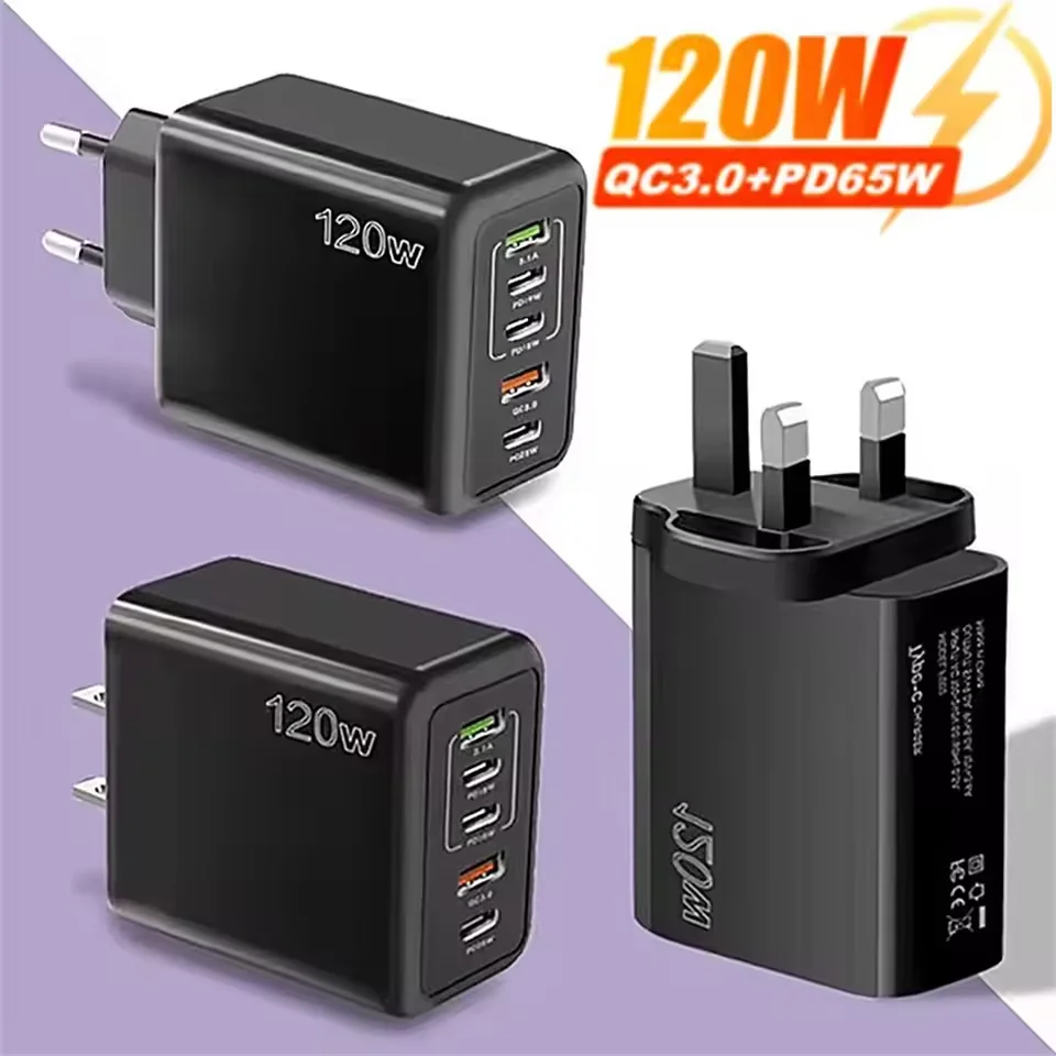 Caricatore USB a 5 porte PD Ricarica rapida 120W Porte multiple USBC Caricatore rapido 3.0 Adattatore per caricabatterie per telefono da parete per iPhone 16 15 Samsung