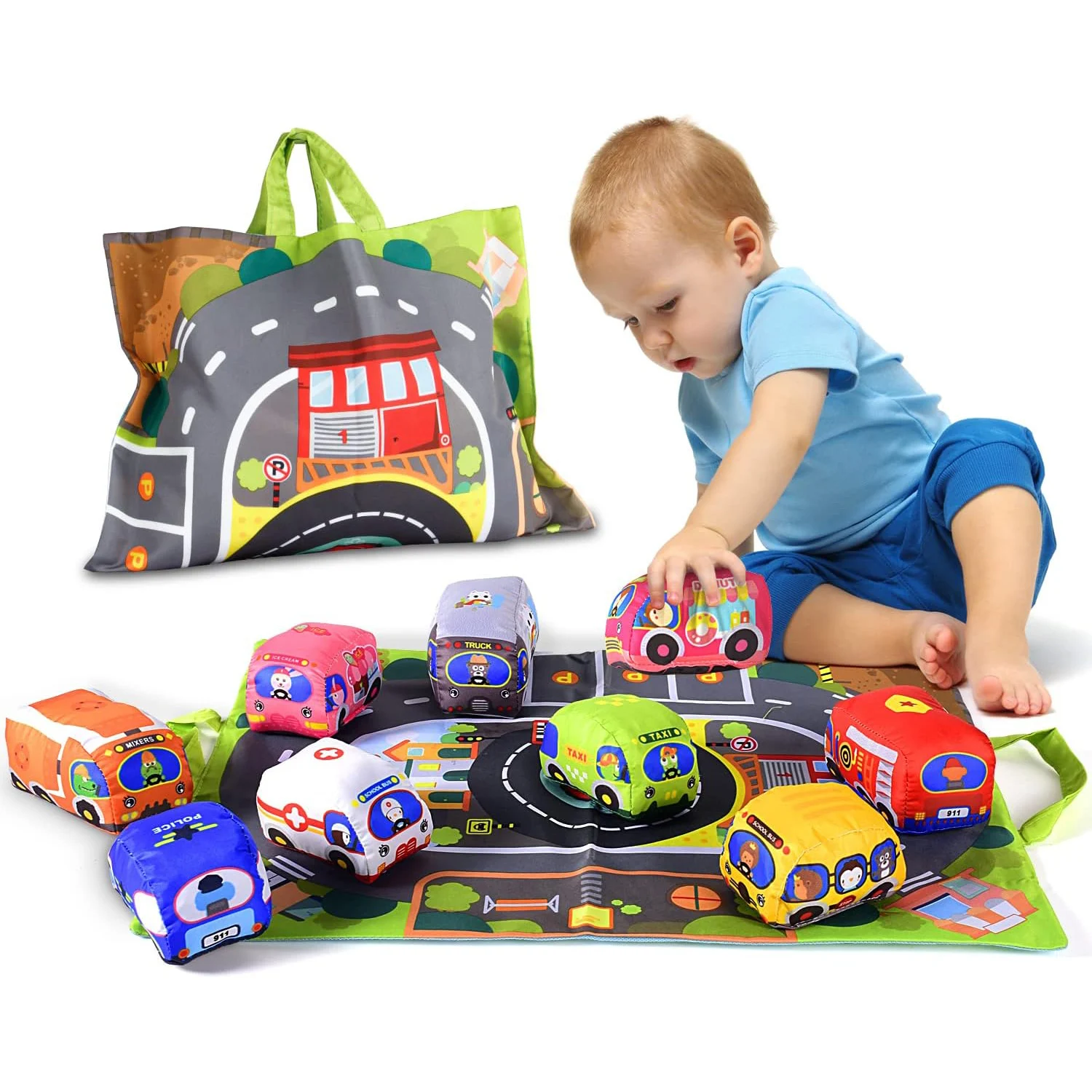 Set di giocattoli per auto in tessuto morbido per bambini, con tappetino da gioco e giocattolo sensoriale da viaggio per l'apprendimento precoce da 9 pezzi, regali di compleanno per bambini piccoli