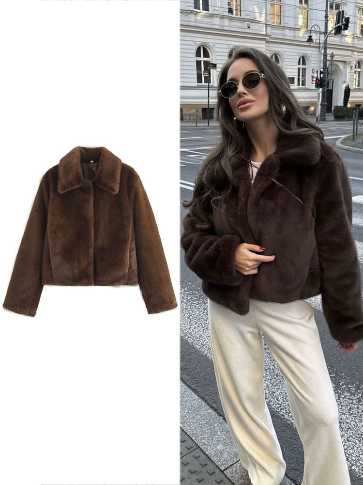 HH Frauen Casual Braun Kurzer Kunstpelzmantel Umlegekragen Langarmjacke 2025, Herbst Winter Lose High Street Outwear