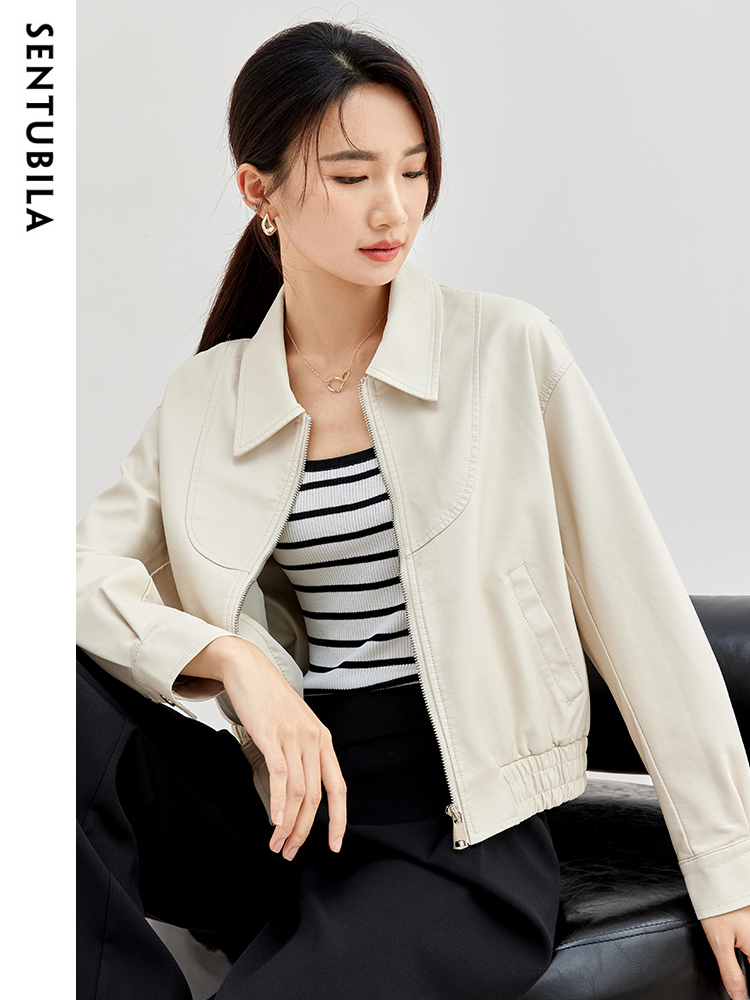 SENTUBILA-Chaqueta corta de piel sintética para mujer, Cazadora Bomber con solapa y cremallera, color negro, para otoño e invierno, W33G50291, 2023