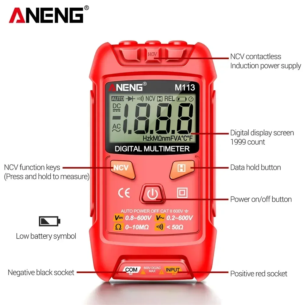 มัลติมิเตอร์แบบดิจิตอลอัตโนมัติ Professional ANENG M113 Multimetro AC DC แรงดันไฟฟ้า 600V Auto Range Ohm NCV เครื่องมือทดสอบความต้านทาน