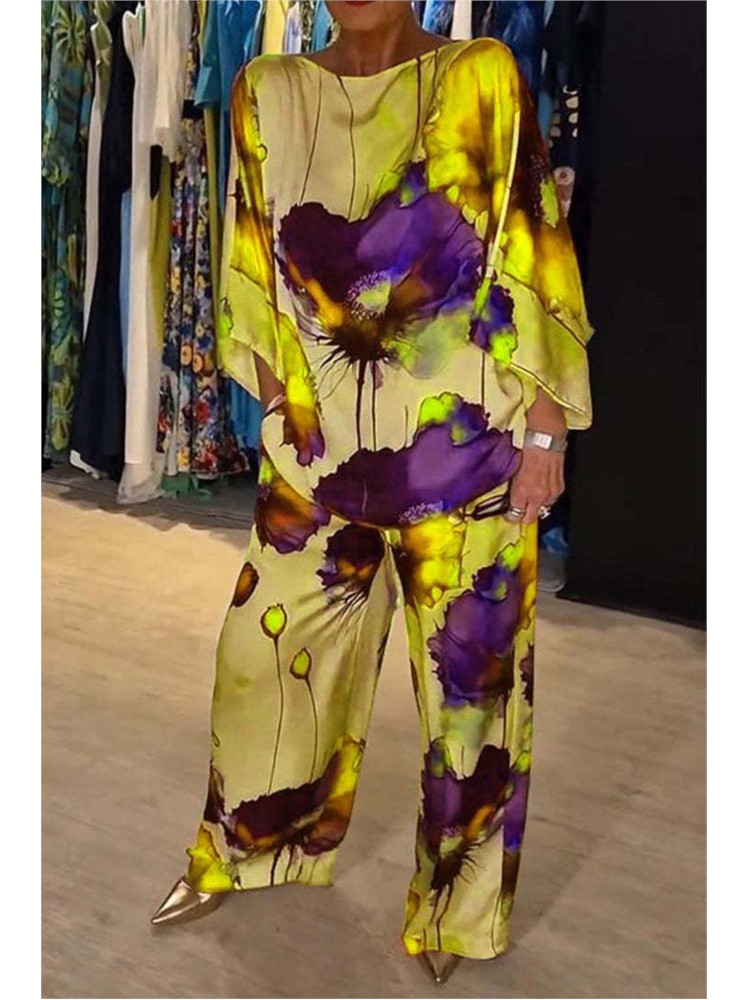 Conjuntos informales para mujer, 2 piezas, moda de verano, conjuntos de dos piezas de satén estampado, Top Sexy con cuello redondo y pantalones largos de pierna ancha