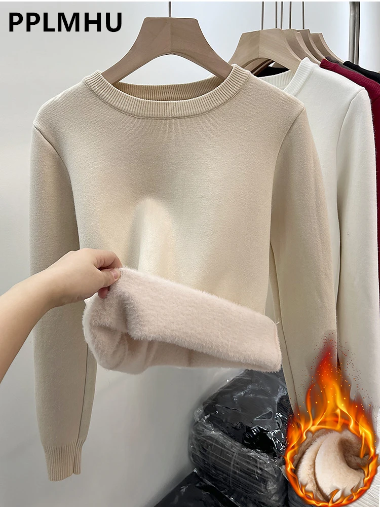 Frauen Oansatz Plus Samt Verdicken Pullover Winter Schlank Warme Langarm Gestrickte Tops Casual Plüsch Fleece Gefüttert Weiche Pullover