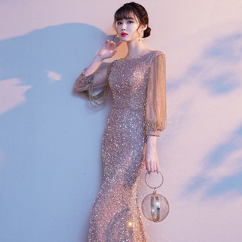 DongCMY 特別な日のフォーマルエレガントなスパンコールイブニングドレスパーティーマーメイドマキシボディコン Vestido デフェスタ Luxo 女性ドレス