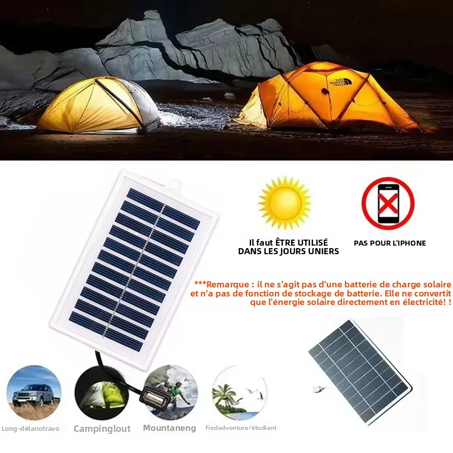 Chargeur solaire Portable 1/2 pièces, sortie USB pour usage extérieur, pour voyage et Camping, lampe de poche, chargement de ventilateur