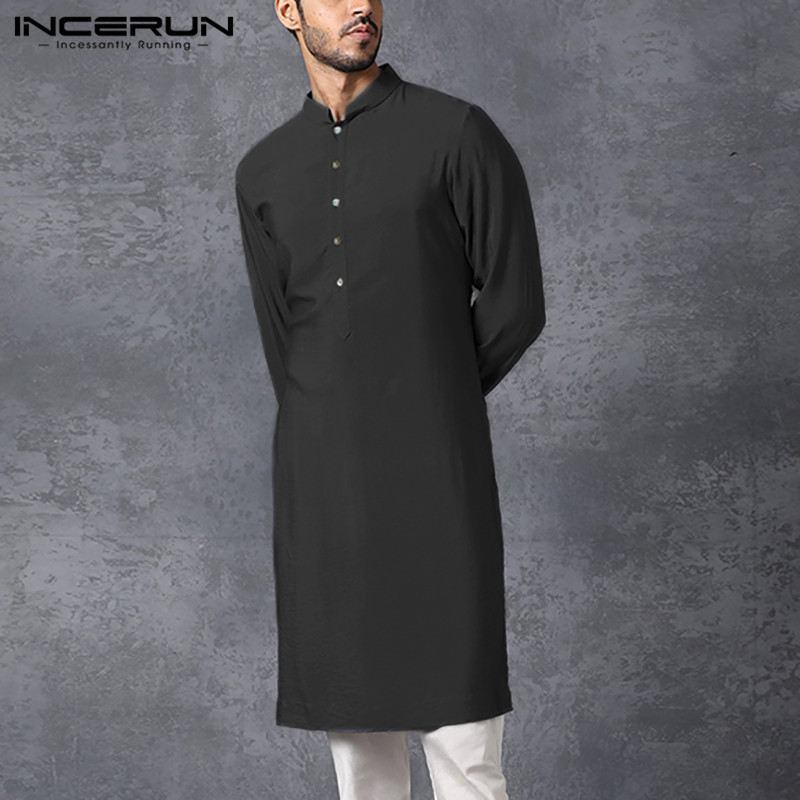 Incerun-男性用ムスリムシャツ,長袖,イスラム教徒の襟,無地,ストリートウェアカジュアル,5xl
