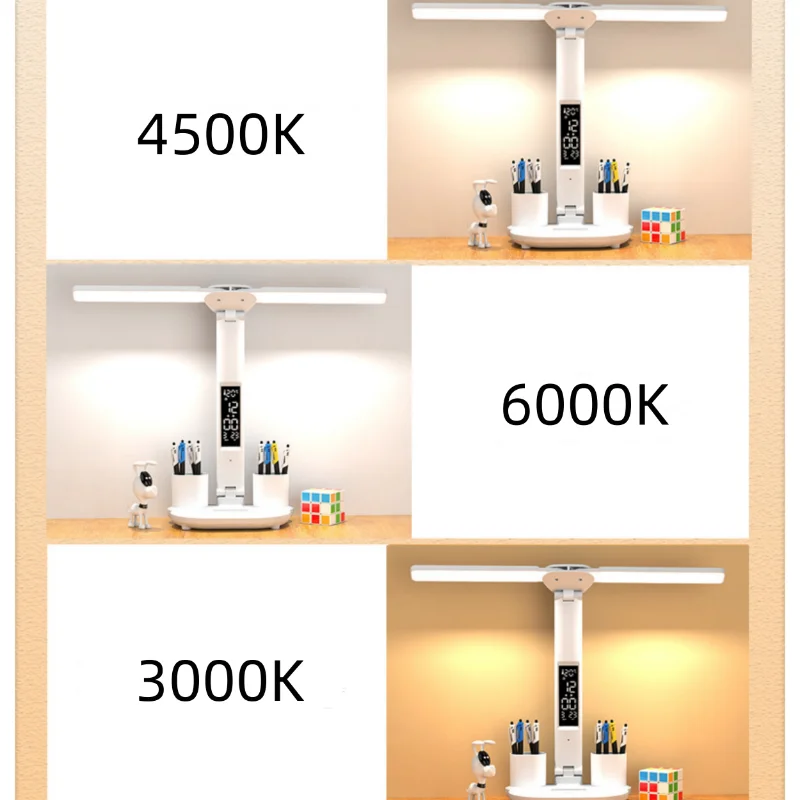 Lámpara de mesa con reloj LED, lámpara de escritorio regulable recargable por USB, 2 cabezales, rotación de 180, protección ocular plegable, luz nocturna de lectura