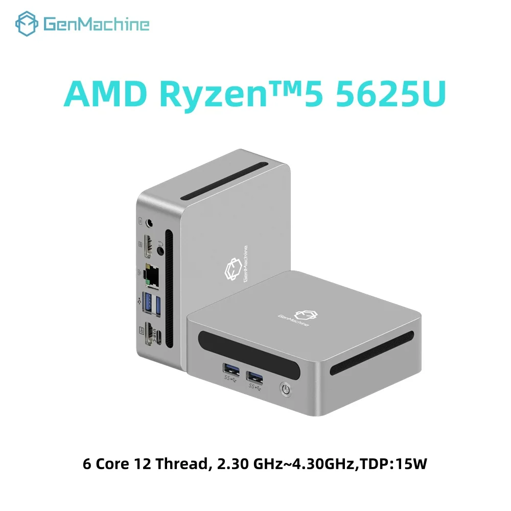 GenMachine Мини-ПК Компьютер для игр AMD Ryzen 5 5625U 6-ядерный 12-ниточный 4,3 ГГц 15 Вт Dual HDMI LAN WIFI6 Офисный компьютер DDR4 NVMe