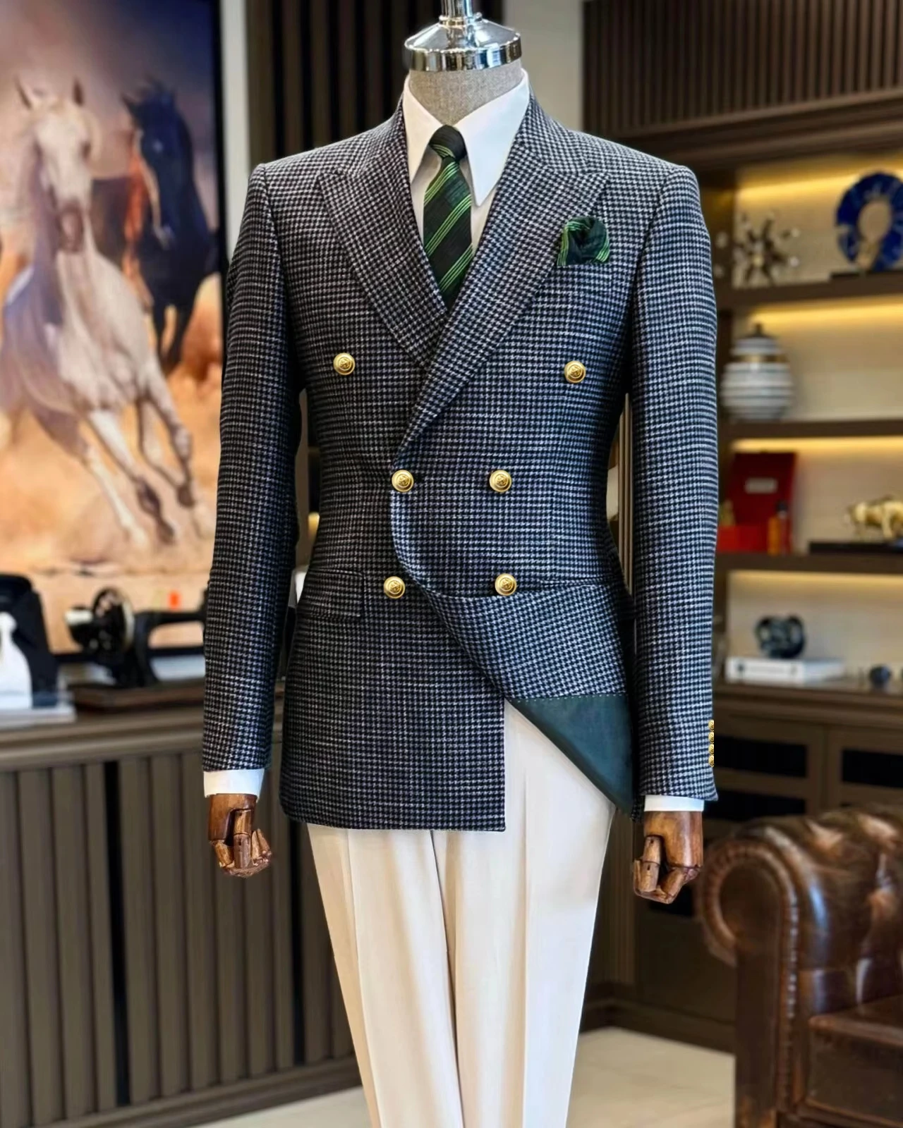 Herren-Blazer-Anzug, Marineblau, Hahnentrittmuster, spitzes Revers, zweireihig, Business, schmale Passform, Gitter, Herrenanzüge, Jacke, formelle Party-Smoking