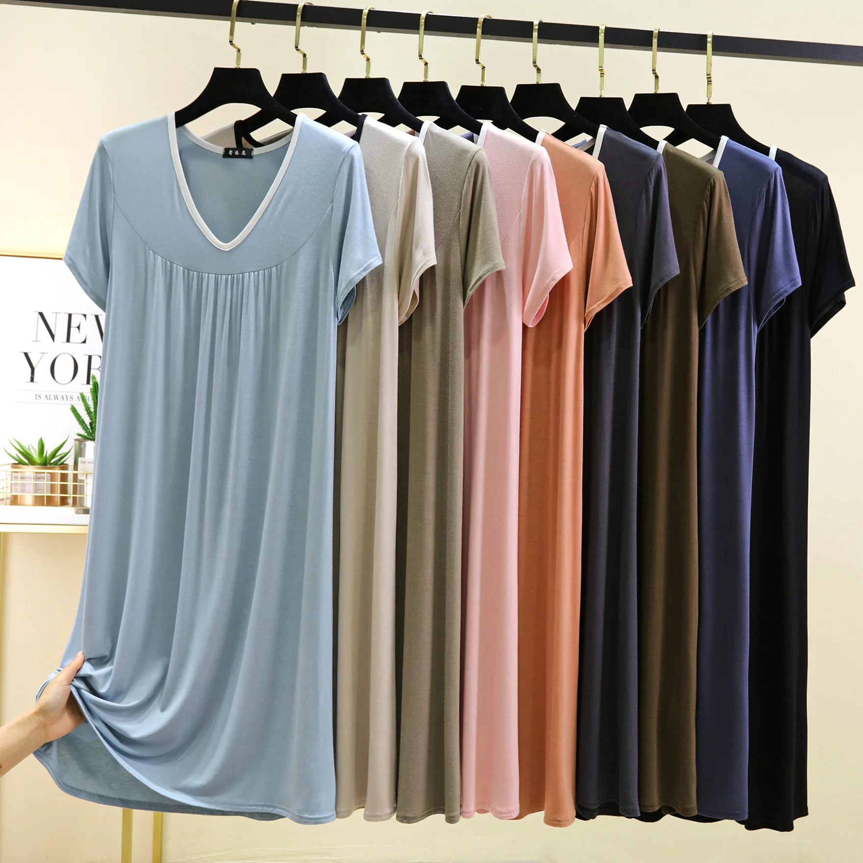 Plus Größe L bis 6XL Modal V-Ausschnitt Schlafkleid Sommer Damen Lose Homewear Kleid einfarbig lässig langes Nachthemd Komfort Homewear