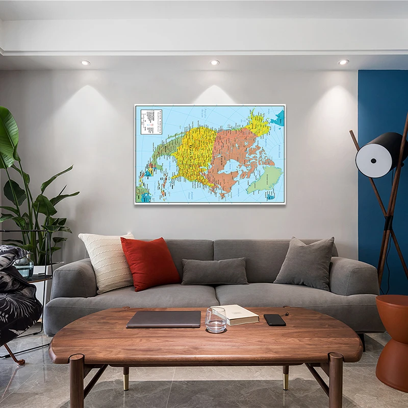 100*150Cm Bắc Mỹ Chính Trị Và Tuyến Giao Thông Bản Đồ Trang Treo Tường Không Dệt Tranh Canvas trang Trí Nhà Đồ Dùng Học Tập