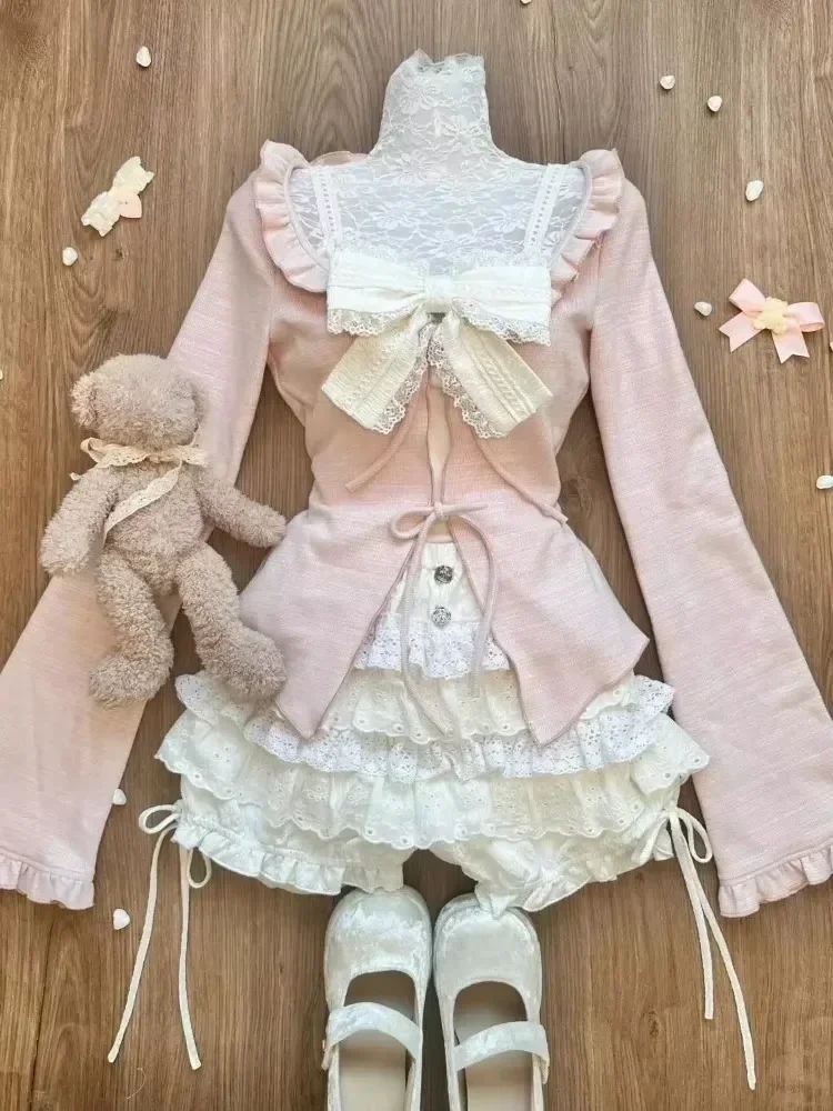 ヴィンテージ 3 ピーススカートスーツ女性かわいいフリルカーディガン生き​​抜くボディコンベストブラウス + スリム Y2k スカートイブニングパーティーロリータセット