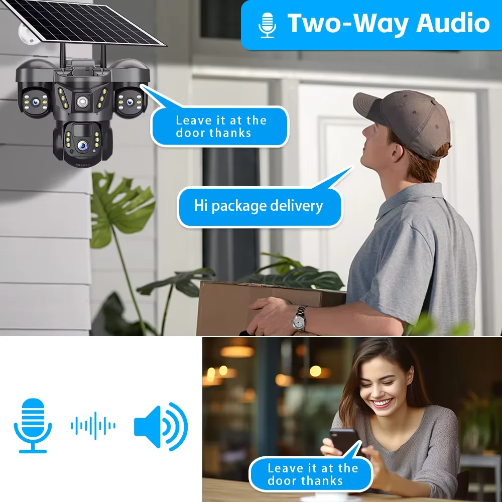 Telecamera solare esterna da 15MP 4G Tre lenti Tre schermi PIR Motion Detection Cam Visione notturna impermeabile Smart Security PTZ CCTV