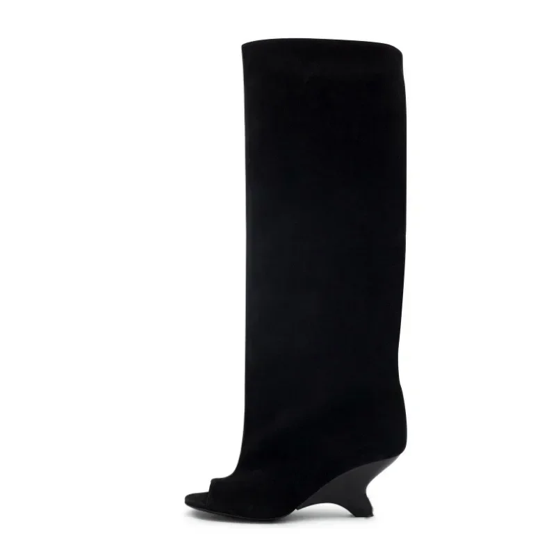 2025 femmes bouche de poisson épais talons hauts longueur au genou bottes Cool talon incliné défilé de mode grande taille printemps/été bottes pour femmes