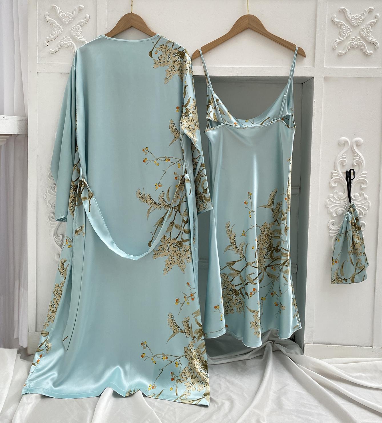 Mulheres de cetim V-Neck Sleepwear, Print Robe, Fato do sono, Nupcial Kimono Roupão, Vestido Lingerie, Strap Camisola, Loungewear, 2 peças