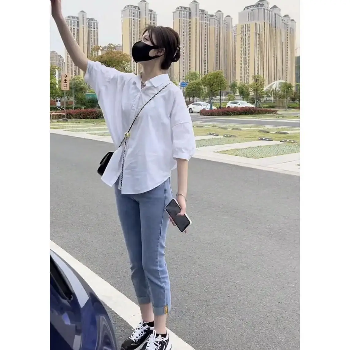 เสื้อผู้หญิง  ผ้าฝ้ายแขนกลางบางผู้หญิง blous shir 2025ฤดูร้อนใหม่หลวมแฟชั่นไม่สม่ำเสมอเสื้อลำลองวันหยุดเกาหลีผู้หญิง Clothes