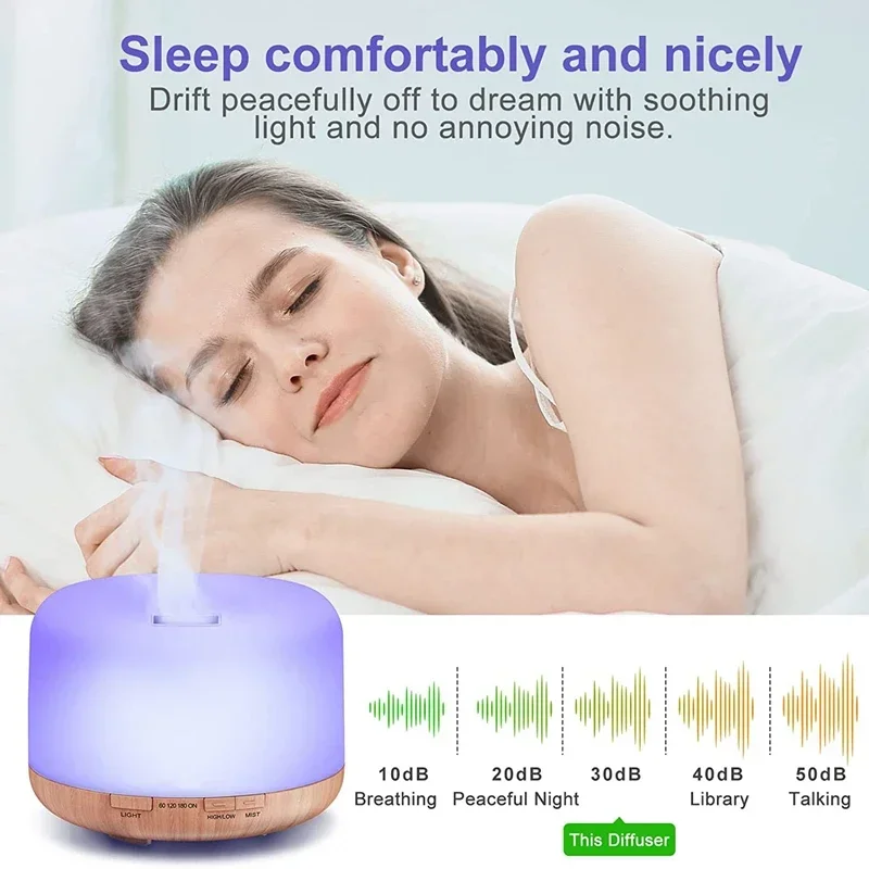 木目調アロマディフューザー,カラー常夜灯付きUSBエッセンシャルオイル加湿器,家庭用空気加湿器,500ml
