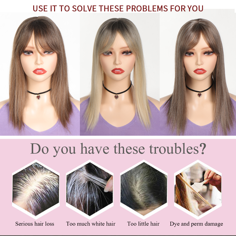 Clipe de peruca longa e reta sintética em extensões de cabelo natural fofo cabeça superior falso pedaço de cabelo com bang clipe preto marrom