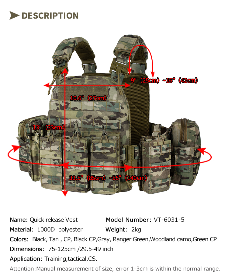 YAKEDA 6094 Tactical Vest Outdoor Hunting Plate Carrier，Quick Release Protective Adjustable Vest Airsoft Carrier