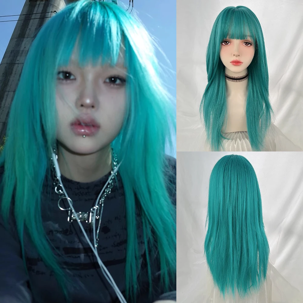 VICWIG Synthetic Long Straight Green Blue Women Wig with Bangs Lolita Cosplay Fluffy Hair Wig for Daily Party